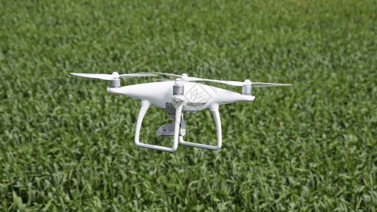 小麦田上空飞行的白色采石机飞行工具用于录像飞行的白色采石机飞越小麦田图片