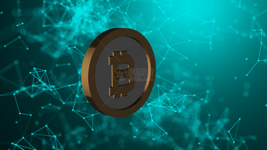 Bitcoin硬币和许多网络连接计算机生成的抽象技术背景3D形成Bitcoin硬币和许多网络连接3d形成背景图片