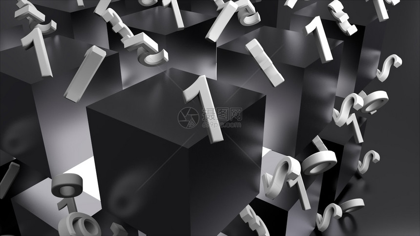 许多闪亮的金属立方体和混乱的数字计算机生成现代抽象背景3D转换许多闪亮的金属立方体和混乱的数字3D转换图片