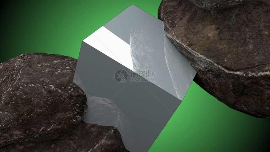 两块岩石和有反射的立方体3D抽象化D计算机生成的背景两块岩石和立方反射抽象化3D计算机生成的背景图片