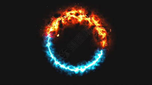 火焰环空间有明亮的枯燥火焰和冰环这是相反的符号3D转换计算机生成的背景光亮的枯燥火焰和冰环在空间计算机生成的背景背景