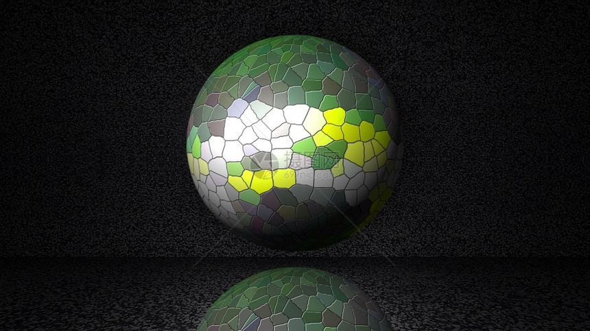 从抽象背景和下面反射的抽象背景马赛克形体上闪烁的魔法球计算机生成了3D像从抽象背景和下面反射的马赛克形体上闪烁的魔术球计算机生成图片