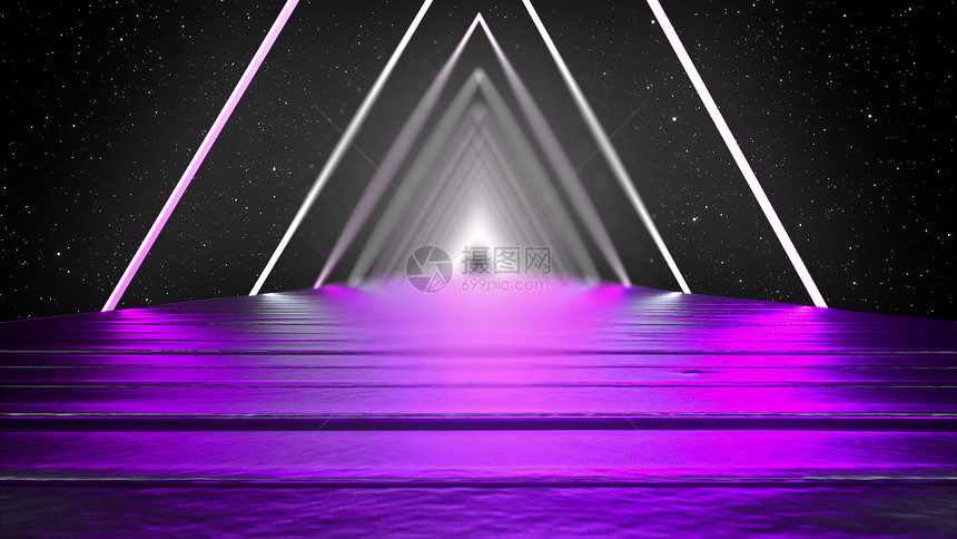 3D渲染抽象几何背景虚拟现实电脑生成的荧光紫外线发光的霓虹灯线条一条笔直光滑的三角形隧道3D渲染抽象背景虚拟现实计算机生成的荧光图片