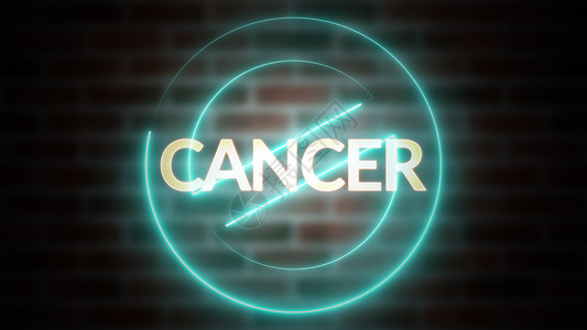 CANCER字在砖块背景下的3D字拼写计算机生成的铁质框架符号用荧光激灯停止3D字拼写在砖块背景下的CANCER文本计算机生成的背景图片