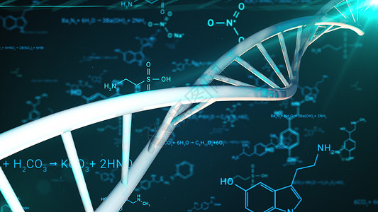 生物制药化学结构DNA双螺旋和化学配方的轮换计算机生成3D医学研究背景3D医学研究背景的交接背景