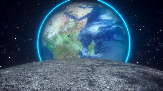 地球光环在恒星背景下俯视地球行星的月表面计算机生成宇宙构3D由美国航天局提供的这一图像显示要素卫星表面俯视地球行星和恒计算机生成宇宙构要背景