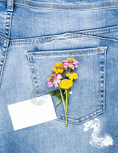 白纸卡和蓝牛仔裤口袋的一束花关闭完整框架图片