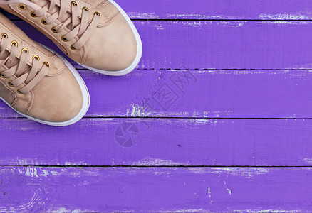 粉红色的一对女皮鞋上面有紫色木本底的鞋带图片