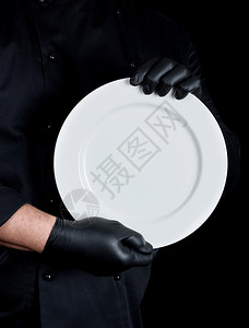 黑衣和乳胶大厨手套持圆白空板图片