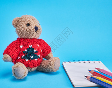 穿红色毛衣的小泰迪熊蓝背景的空白笔记本图片