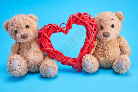 两只小泰迪熊和蓝底红装饰结肠心图片