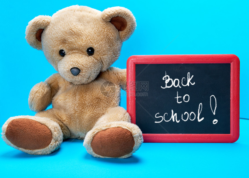 棕褐色泰迪熊带着红框以白粉写成的文字回到学校蓝色背景图片