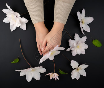 一束白花和两只女手放在黑底顶视线上手照护概念温泉和抗老化治疗图片