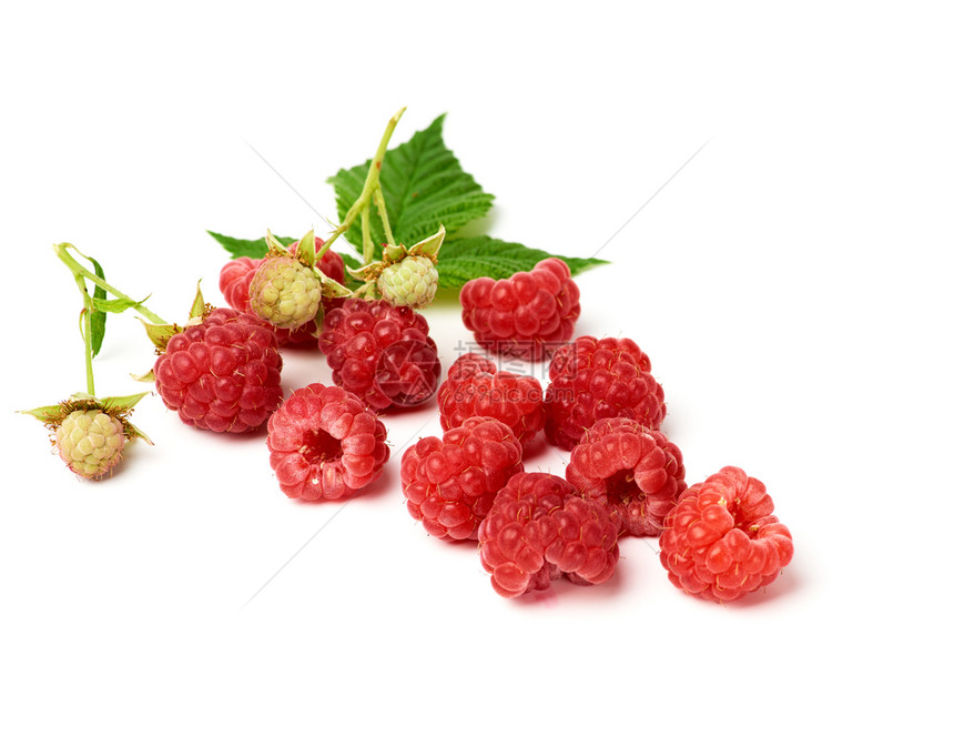 红色的成熟草莓和绿色叶子白背景夏季甜食作物关闭图片