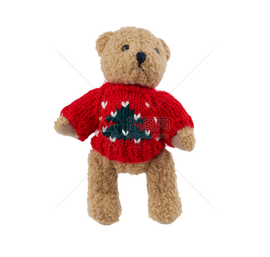 小可爱棕色泰迪熊穿着红色编织毛衣孤立在白色背景上假日玩具图片