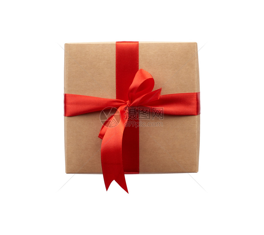 以棕色克拉夫纸包着的方框绑上红丝带礼物在白色背景上孤立设计师用元素图片