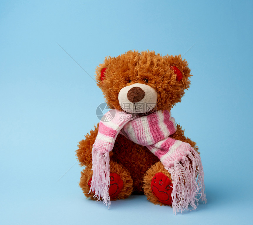 穿着彩色围巾的棕毛发泰迪熊坐在蓝色背景上有趣的玩具图片