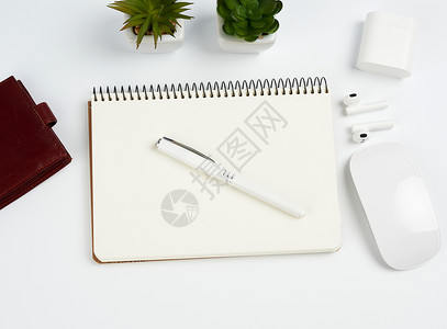 白桌花盆自由职业者工作场所开纸笔和电脑鼠绿色植物背景图片