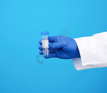 穿着白大衣和蓝无菌乳胶手套的医生持有一个塑料罐子用于沙凳分析蓝底图片