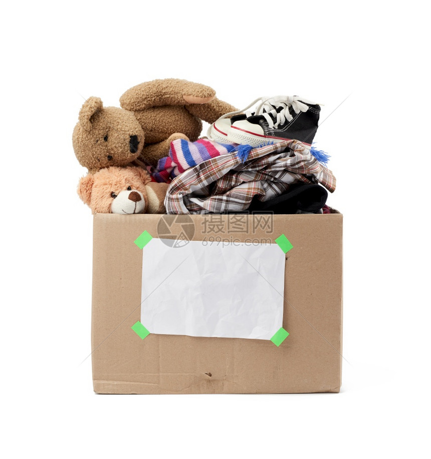 带东西的棕色纸板盒白背景上孤立的玩具移动概念志愿和帮助图片