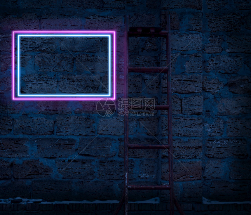 由蓝灯和粉红制成的彩在晚上砖墙背景的上刻录模板图片