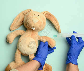 uh兔子和两名女双手一名医生在蓝背景下注射疫苗接种和治疗概念图片