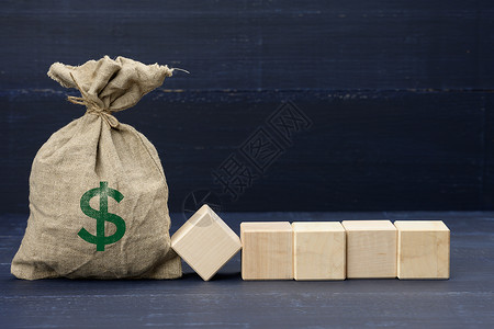 5边形满棕色帆布袋上面有美元图标和5个蓝背景的木形空白方块财富投资补贴和储蓄概念登记地点背景
