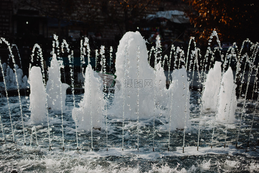 喷泉在公园的游泳池里喷出闪光的水图片