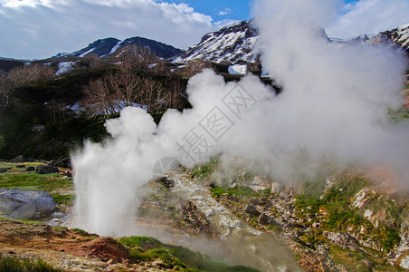 堪察卡的泥火山和蒸汽喷泉背景