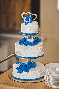 奶油的蓝色鲜花蛋糕茶7916的婚礼美食图片