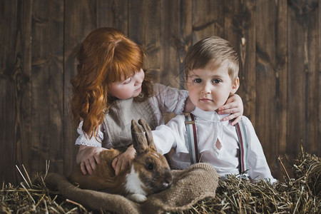 红头发女孩和男在干草6125中玩兔子图片