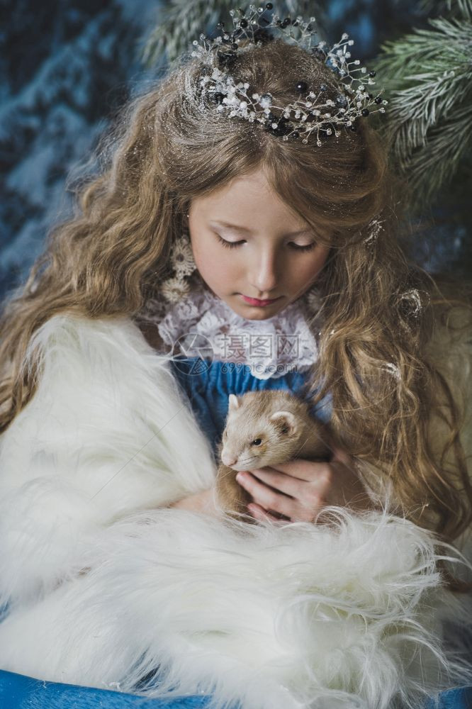 公主手上拿着一只活的雪貂圣诞树上的孩子手拿着雪貂4579图片