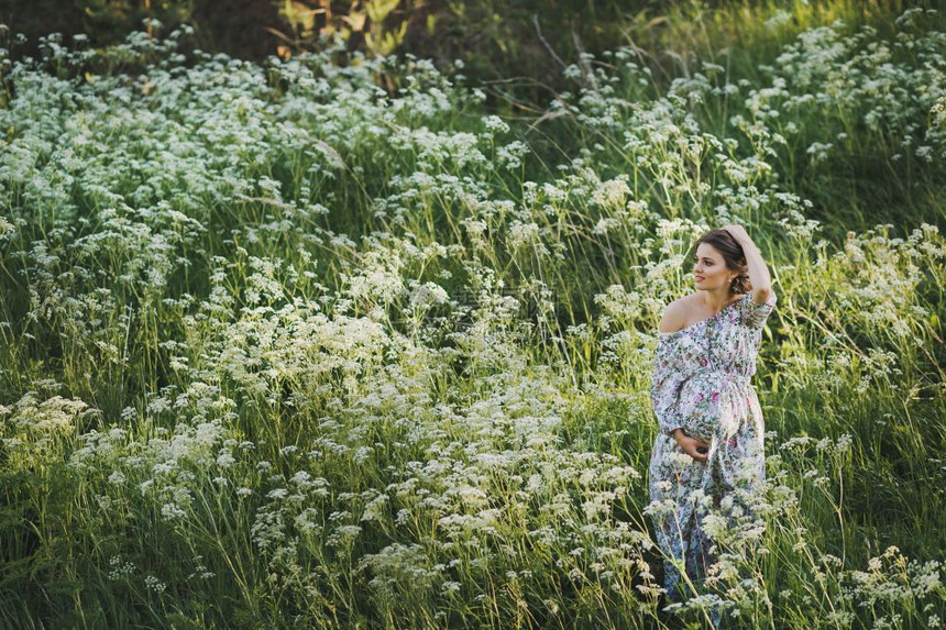 草原背景下一位美丽的孕妇图片