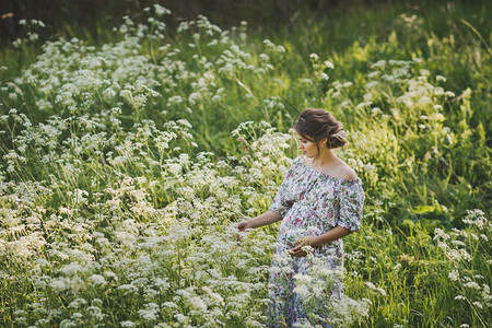 一位孕妇站在开满花的草原上背景图片