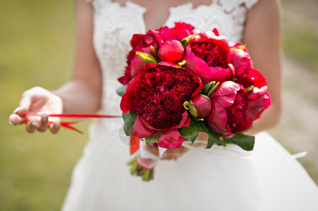 一束玫瑰白色穿着婚纱的新娘手里有一束红色的花285年的一位女孩手里有束亮的红色花束背景