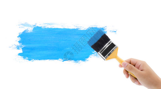手持笔刷画蓝色有白复制空间背景图片