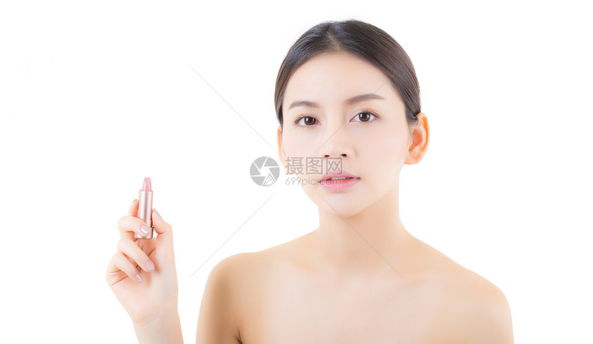 美容的亚裔女孩口红和快乐化妆品的美貌概念图片