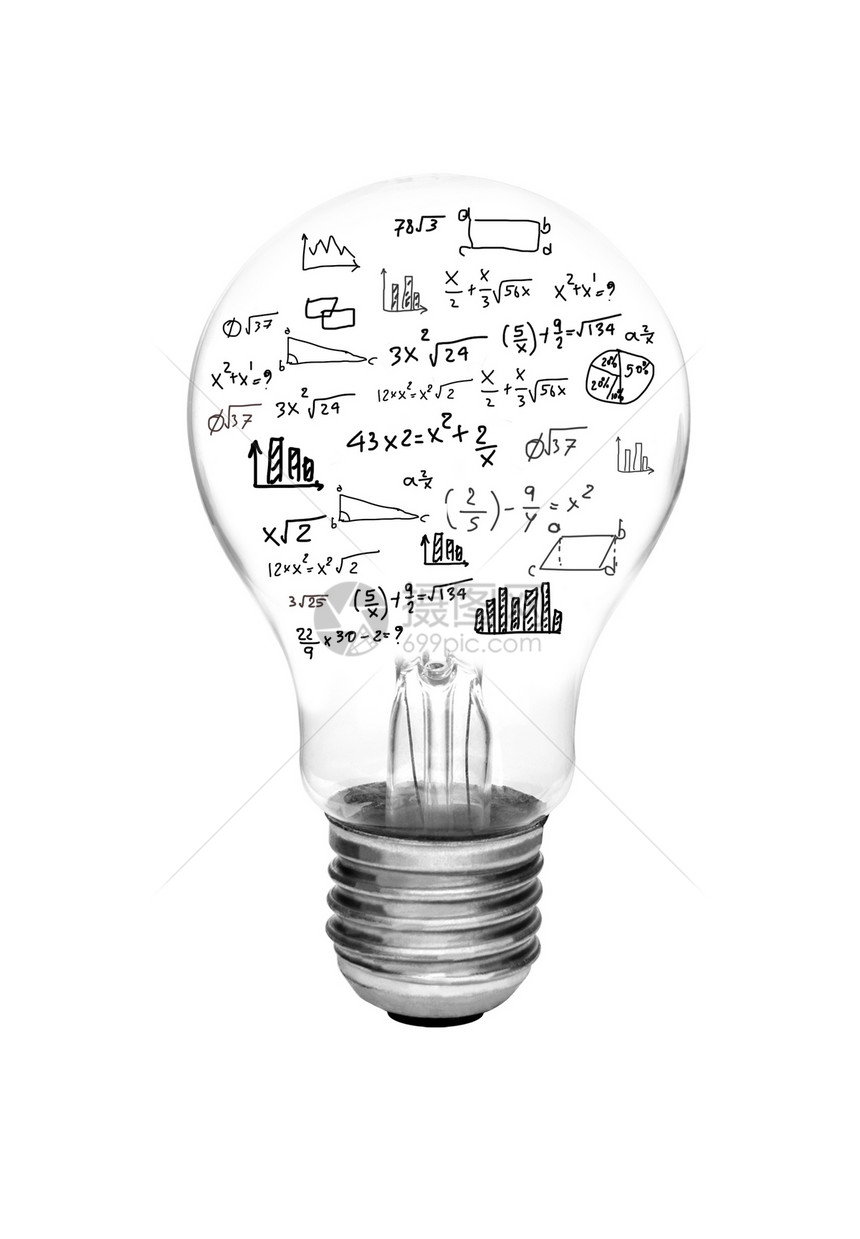概念光灯泡以数学公式和白色背景上孤立的图表亮光图片