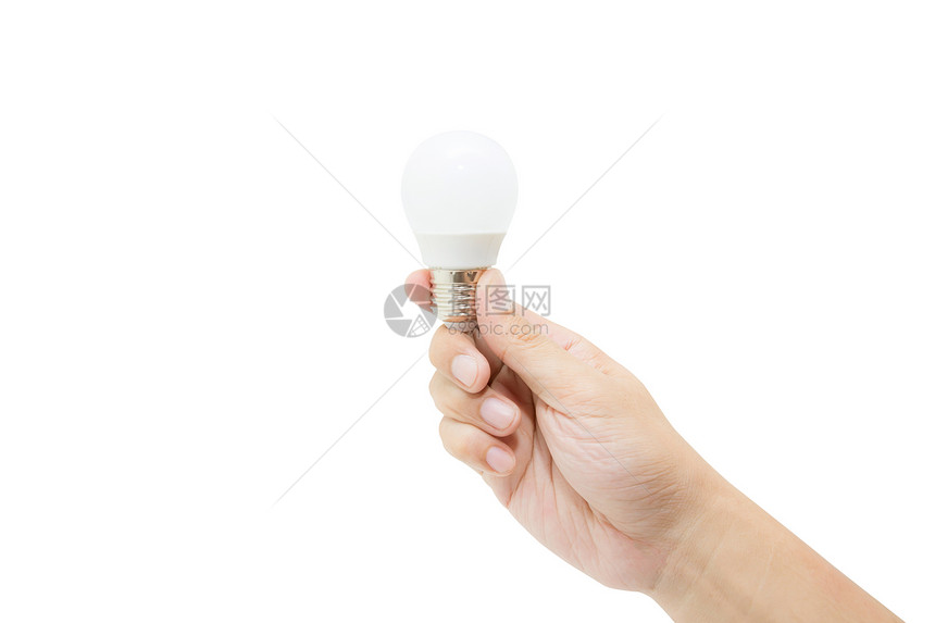 男人手持LED灯泡孤立在白色背景上节省能源概念图片