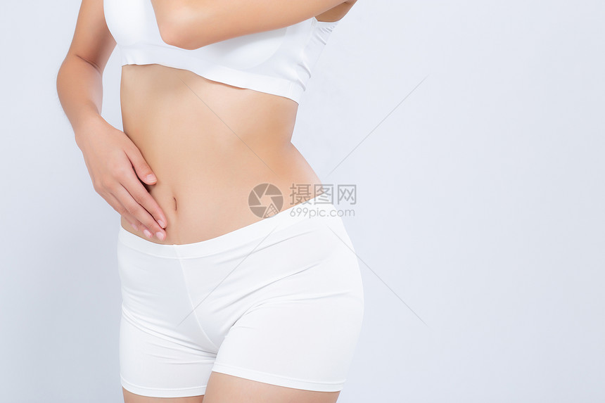女美体饮食与白色背景隔绝模范女孩体重瘦配有纤维素或卡路里健康与概念图片