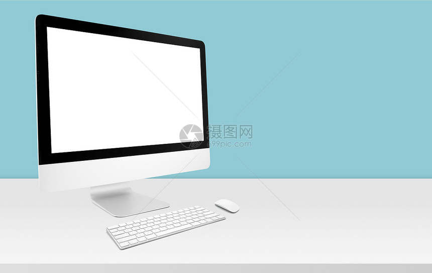 模拟桌面计算机在办公室桌上显示空白屏幕模拟计算机屏幕空和键盘的工作间鼠标在家桌上复制空间业务展示概念图片