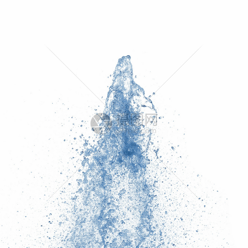 蓝色水喷射洒在白色背景上图片