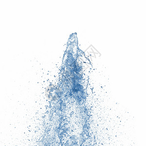 蓝色水喷射洒在白色背景上图片