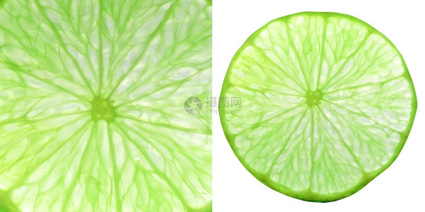绿色石灰切片Citrusxlatifoliaaka波斯石灰或ShirazLimoo或Tahiti石灰或Bears石灰果素食品图片