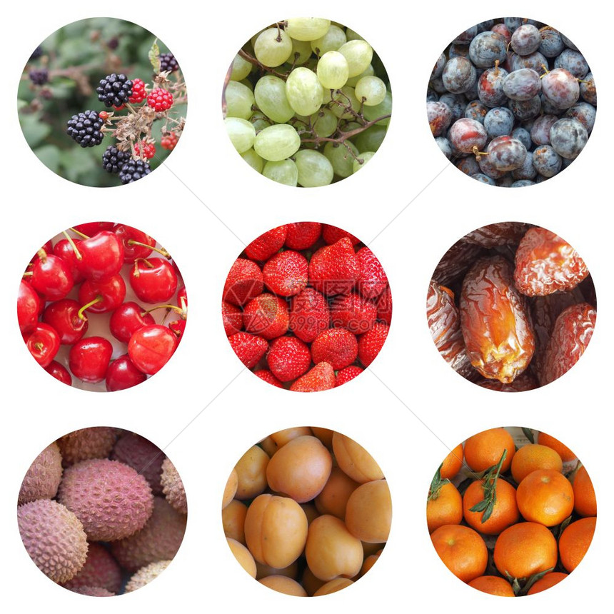 包括黑莓葡萄在内的多种水果拼凑包括黑莓葡萄樱桃草莓椰子橘图片