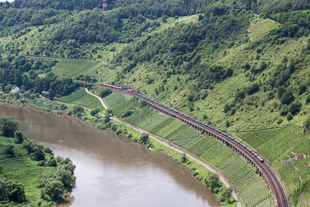 绣球沿轨道客运列车和货在沿德国Moselle河的铁路轨迹上相通过背景