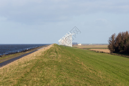 沿直堤的荷兰风力涡轮机图片