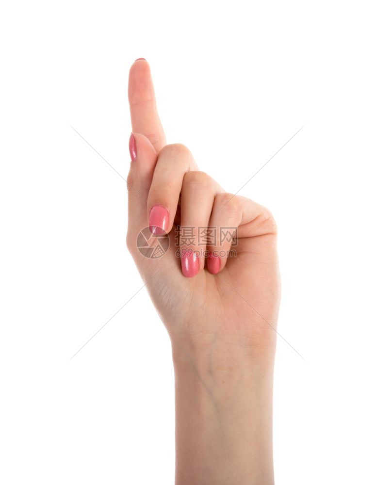 女手在白色背景上一只手指被孤立图片