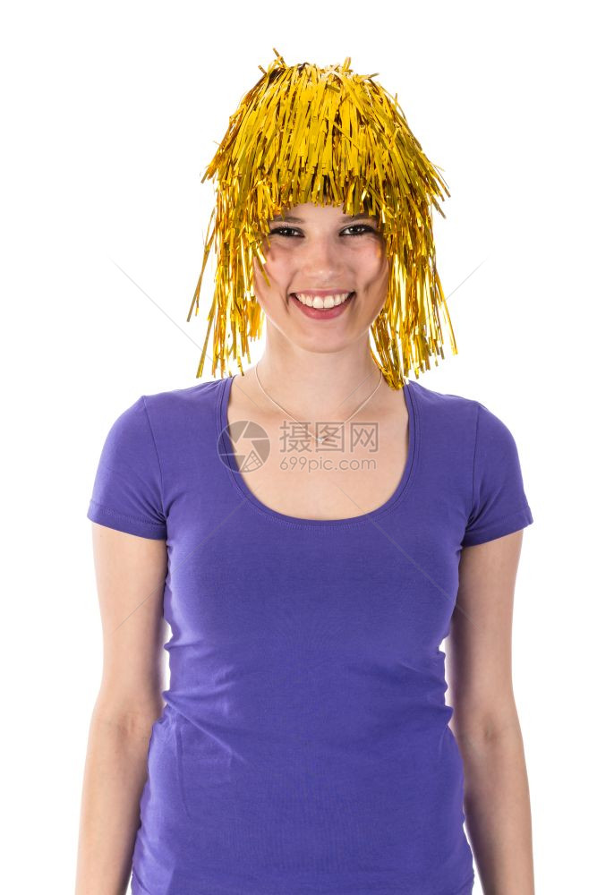 穿黄色嘉年华假发的漂亮女人图片