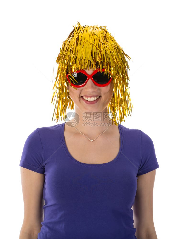 戴黄色假发和红墨镜的滑稽黄假发女人图片